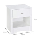 White bedside table with drawer and open shelf, side view with size markings.