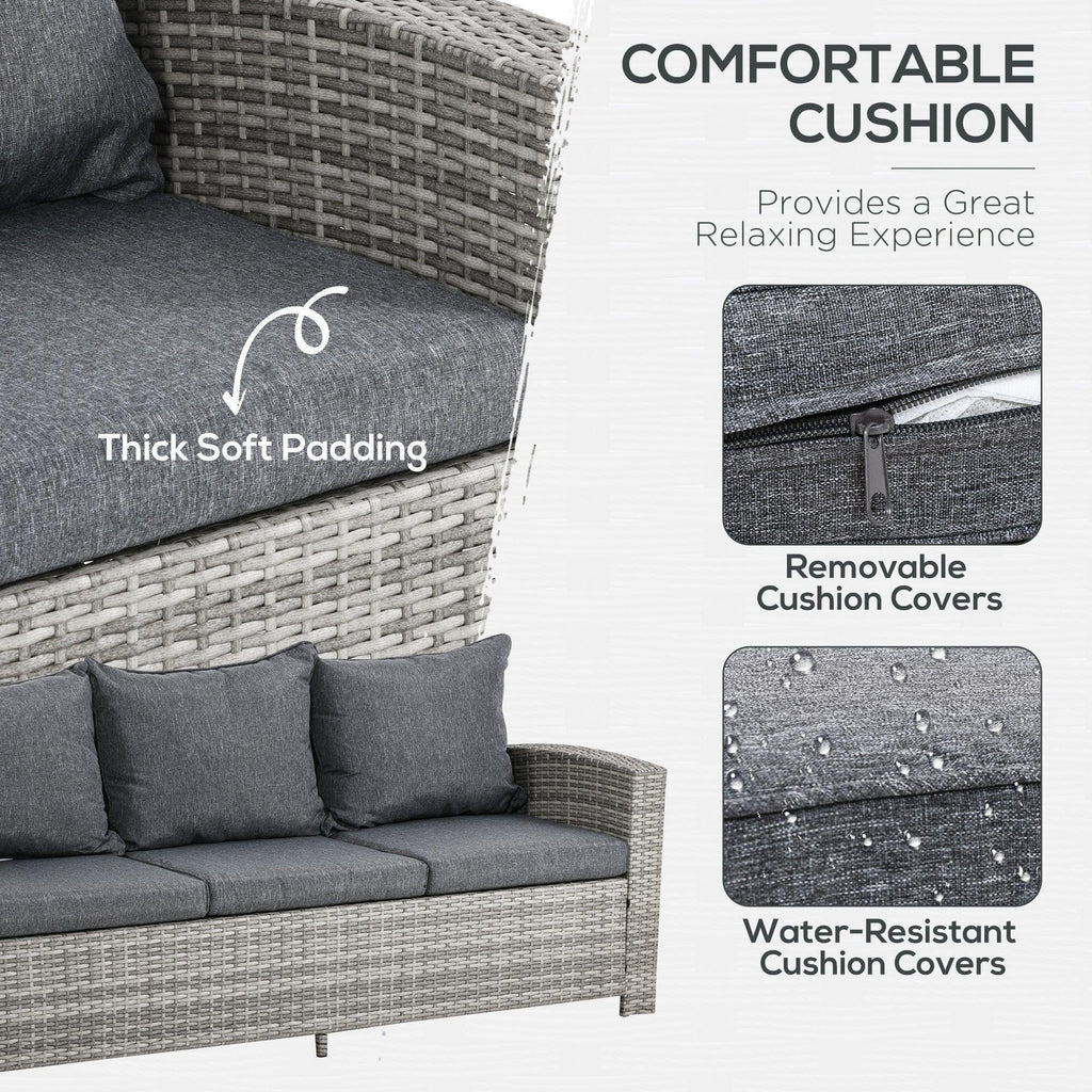 6 Pieces PE Rattan Garden Furniture Set with Three-seat, Armchairs and Footstools, Aluminium Patio Wicker Dining Sets w/ Glass Top Dining Table, Soft Cushion, Light Grey - Bobobiy