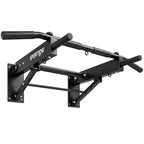 Wall-mounted folding pull-up bar with two black hand grips and side mounting brackets