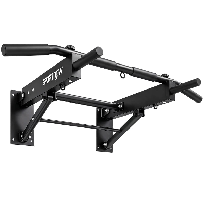 Wall-mounted folding pull-up bar with two black hand grips and side mounting brackets