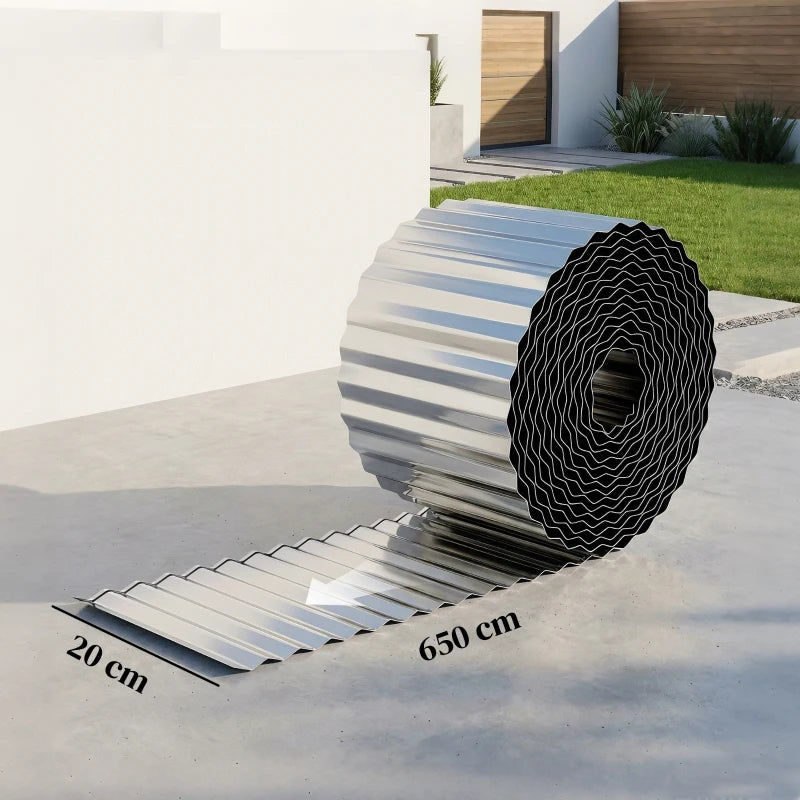 Silver corrugated steel edging roll uncoiling into a curved strip, ready for borders
