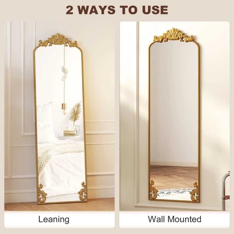 Full length mirror with baroque gold frame, shown leaning and wall-mounted
