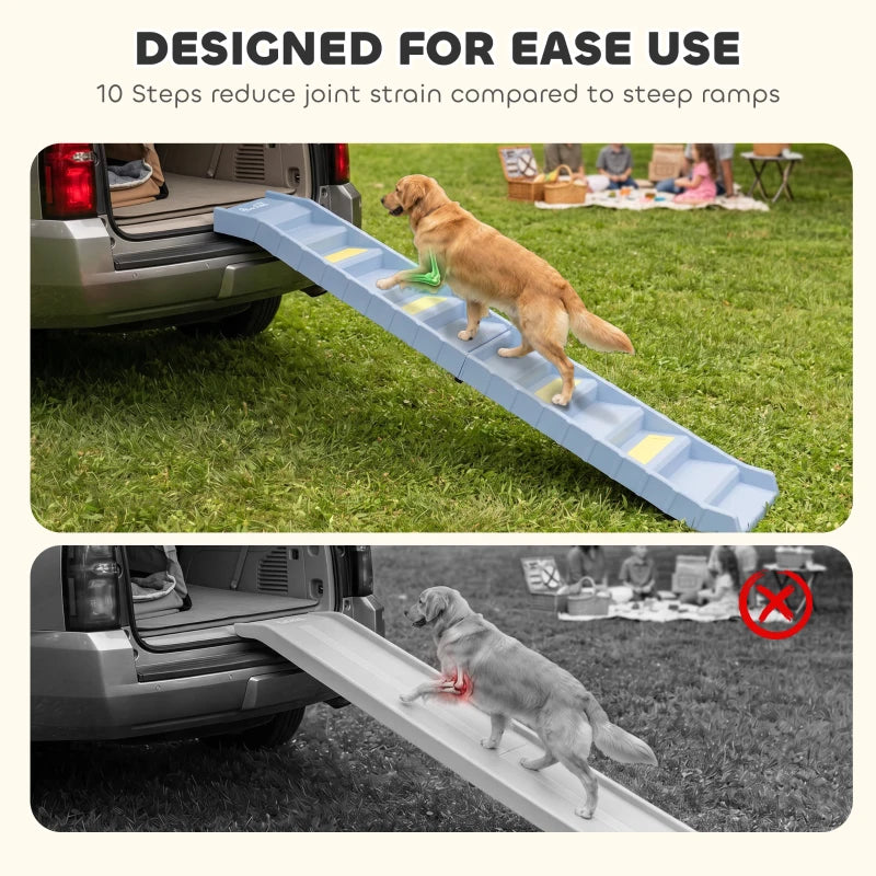 Grey 10-step dog ramp with yellow anti-slip strips for easy access from a vehicle