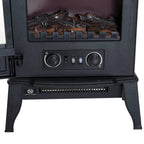 Black electric stove fireplace control knobs with LED log flame window.