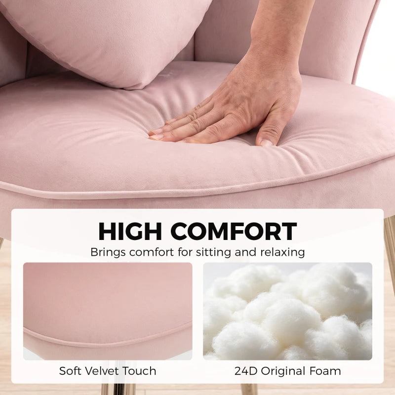 Pink velvet armchair seat cushion with heart back pillow visible, gold-tone legs