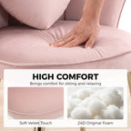 Pink velvet armchair seat cushion with heart back pillow visible, gold-tone legs