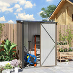 Brown corrugated steel garden shed with open double doors and diagonal cross brace