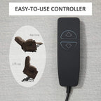 Black power recliner remote control with up/down buttons and cable connection.