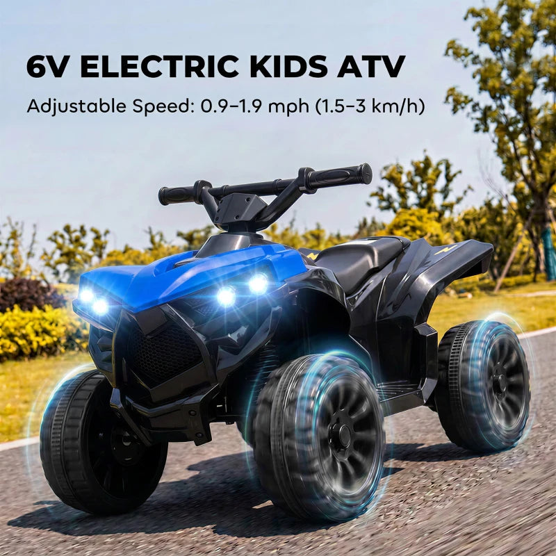 Blue electric kids ATV with glowing LED headlights and rugged front tires