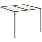 Cream retractable canopy lean-to pergola with dark metal frame and side posts
