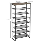 Black 8-tier shoe rack with mesh shelves, size 60 x 28.5 x 126 cm