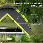 Two-person camping tent shelter with green and gray fabric, rain protection and welded floor