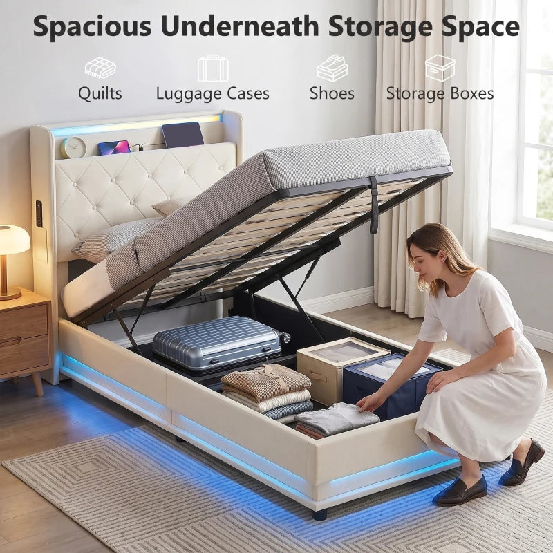 Cream single bed frame with tufted headboard and open hydraulic storage, LED lighting
