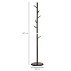 Coat rack stand dimensions: tall dark pole with multiple hooks on round base