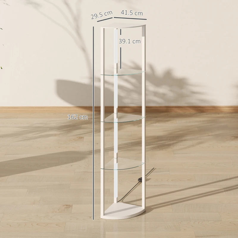 White standing LED lamp with three-tier glass shelves, foot pedal base, side view