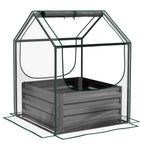 Grey garden planter bed with clear greenhouse cover and dark base slats