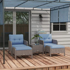 Outdoor PE rattan seating set with two armchairs, two footstools, and glass top table