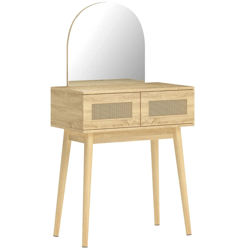 Natural wood compact vanity desk with arched mirror and two front drawers