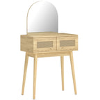 Natural wood compact vanity desk with arched mirror and two front drawers