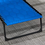 Blue padded sun lounger seat close-up with black metal frame and mesh base