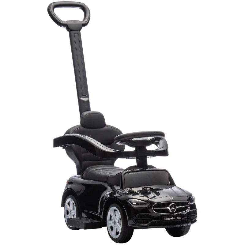 Black Mercedes-Benz C-Class licensed ride-on push car with removable handle and seat