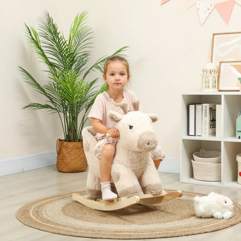 Beige plush giraffe ride-on rocker with wooden rocking base and plush seat