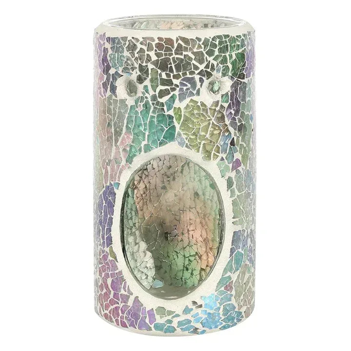 Iridescent mosaic pillar wax warmer with oval opening and crackled multicolor finish