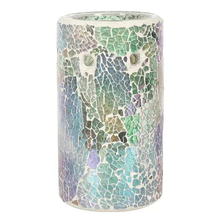 Crackle glass pillar wax warmer in iridescent mosaic with top rim and open center