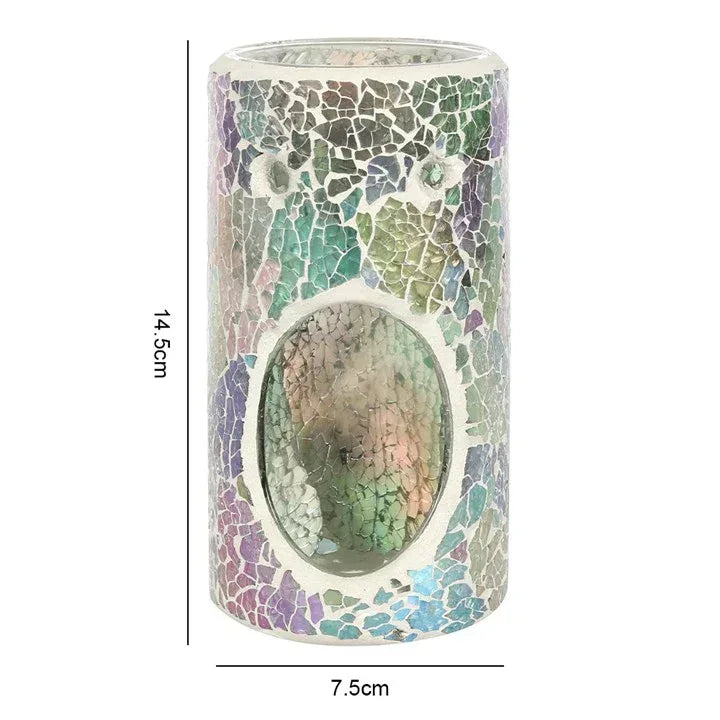 Iridescent crackle oil burner pillar with oval viewing window; white ceramic base