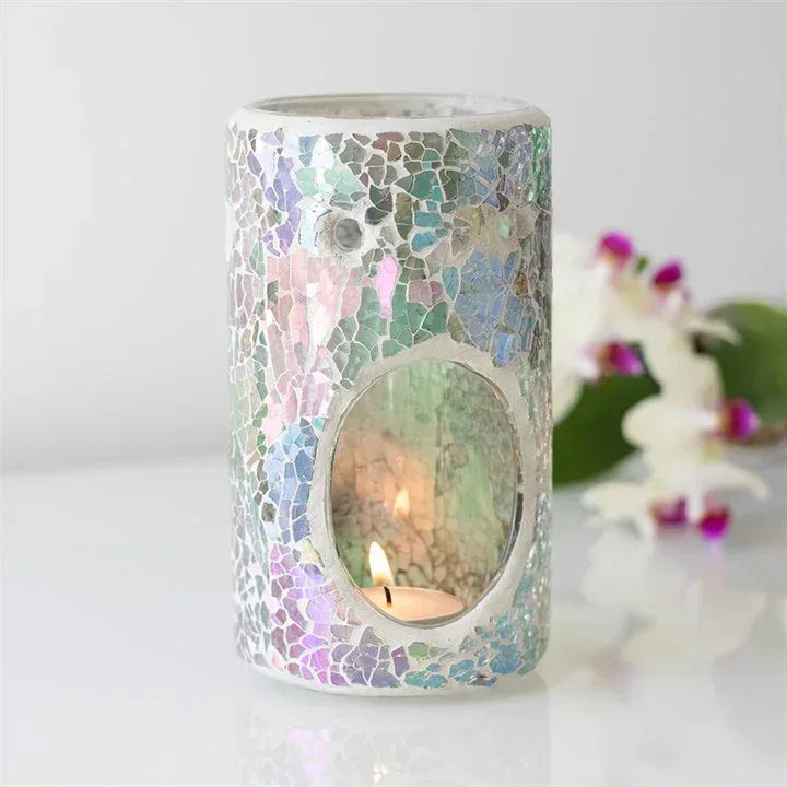 Glowing iridescent mosaic pillar wax warmer with oval cutout and crackled multicolor surface