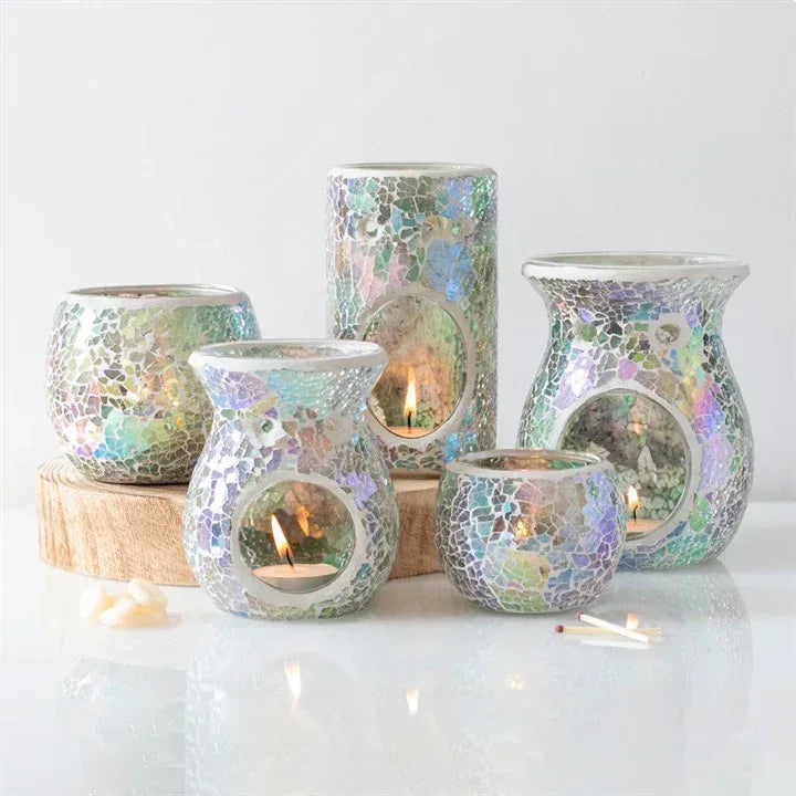 Set of iridescent crackle mosaic wax warmers with flame-ready openings in varied shapes