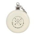 Cream hip flask with keyring, screw-top cap, compass graphic and quote on front.