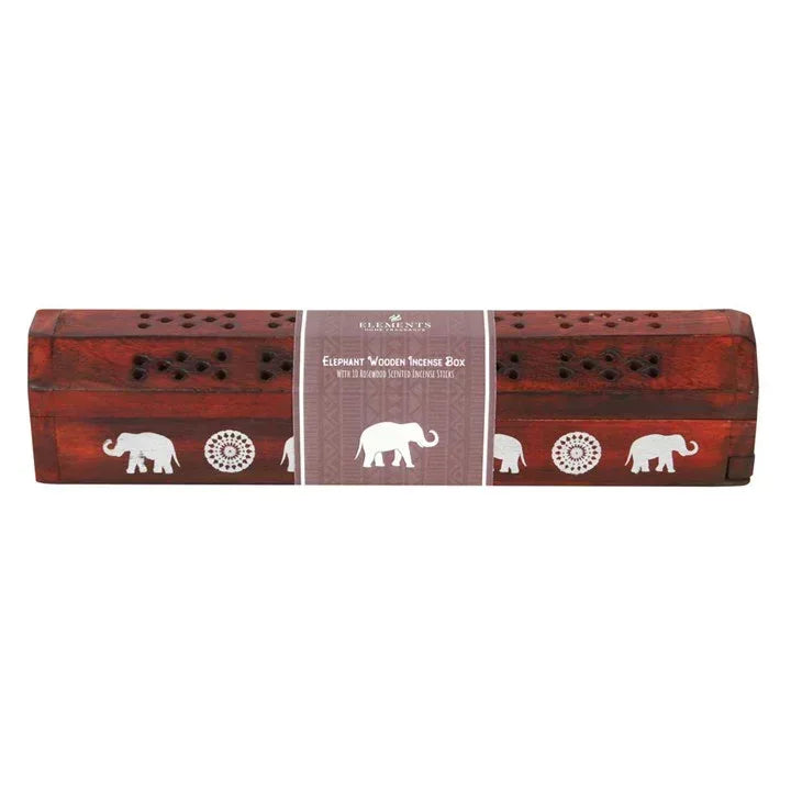Rosewood incense box set with elephant and mandala inlay, top perforation holes