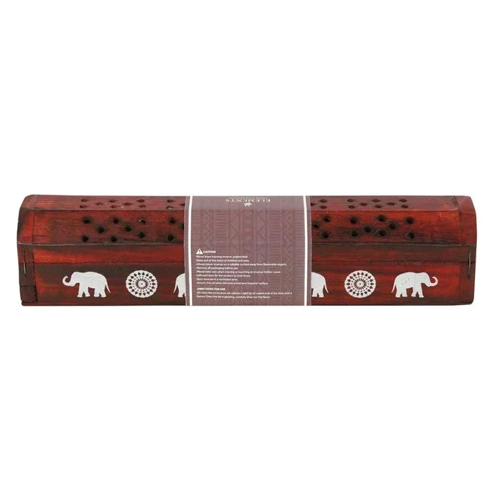 Rosewood incense box set back panel with instruction text and elephant/mandala decals