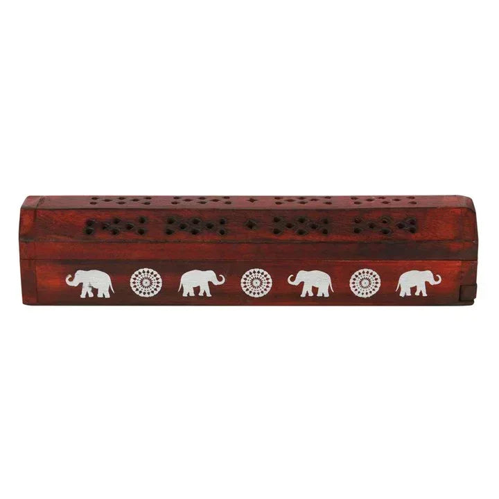 Rosewood incense box with row of elephant and circular mandala inlays, perforated top