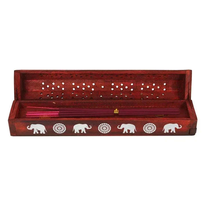 Rosewood incense box open with dotted pattern lid and elephant/mandala front decor