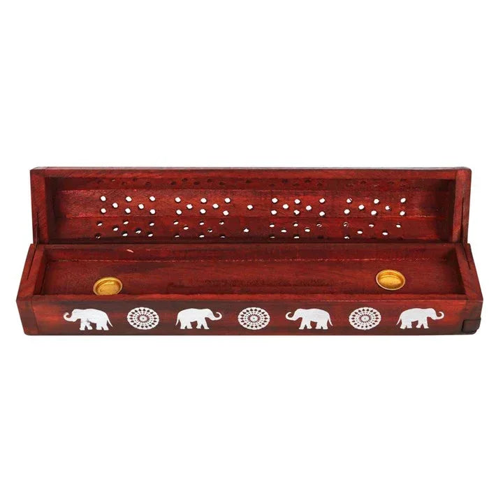 Rosewood incense box open tray with elephant and mandala decals, gold round holders