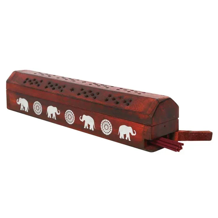 Rosewood incense box set side view with elephant inlays and perforated lid