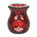 Red crackle glass oil burner with candle well and scalloped top rim