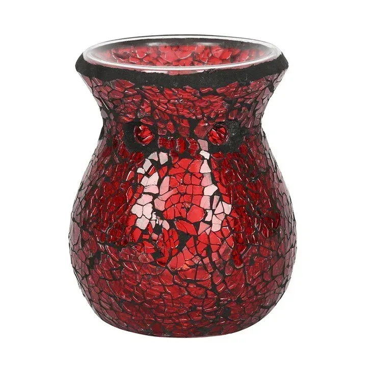 Red crackle glass wax warmer jar with mosaic pattern and silver top rim