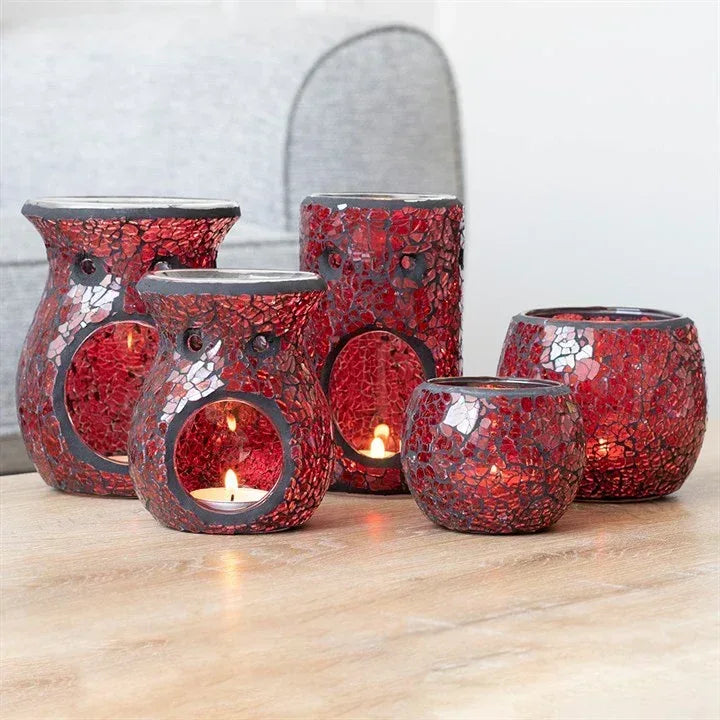 Red crackle glass candle warmers set with mosaic design and open candle wells