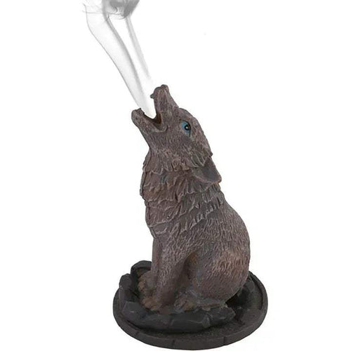 Howling wolf incense cone holder figurine, dark gray on round black base