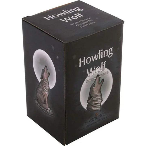 Howling Wolf incense burners package box, black with wolf artwork and text