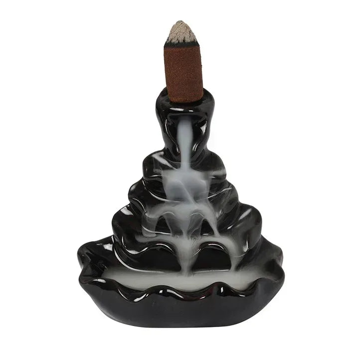 4-tier incense backflow burner with black glossy rippled tiers and incense cone