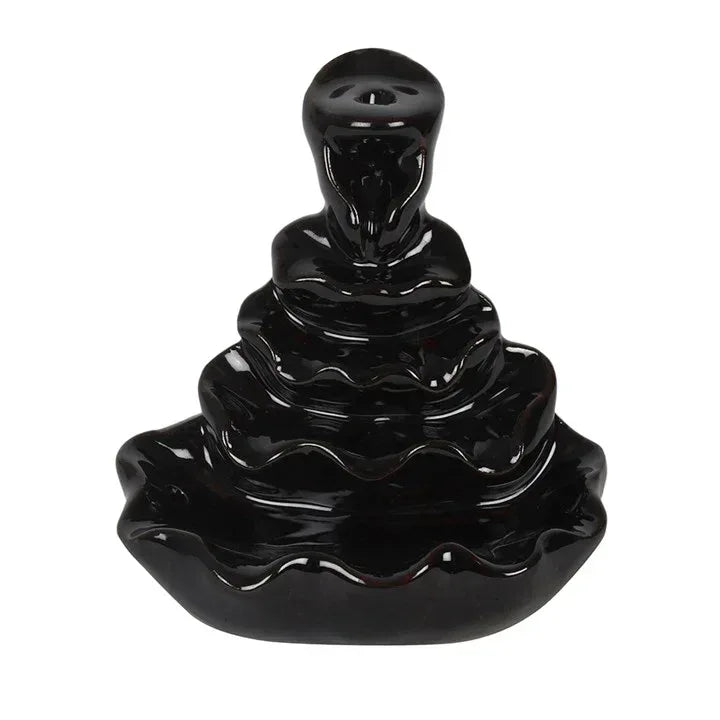 Black glossy 4-tier incense backflow burner with rippled fountain-style tiers