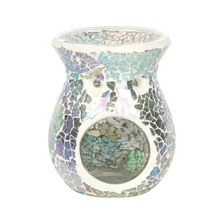 Iridescent crackle mosaic oil warmer with round front opening, teal and purple tones.