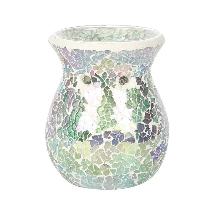 Iridescent crackle mosaic oil warmer, teal and blue with small gold-tone dots.