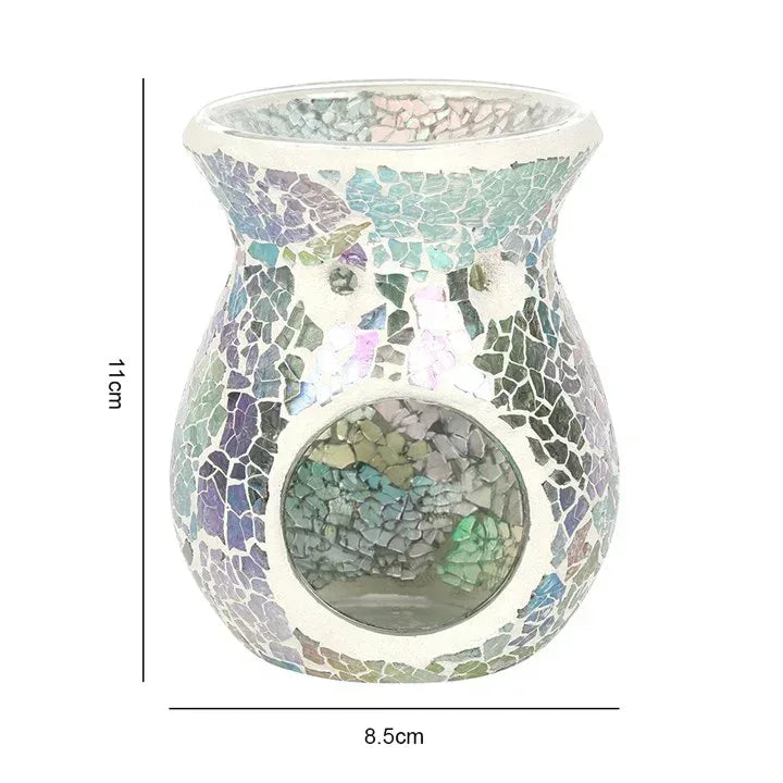 Iridescent crackle mosaic oil warmer with circular glass viewing window, teal and lavender.