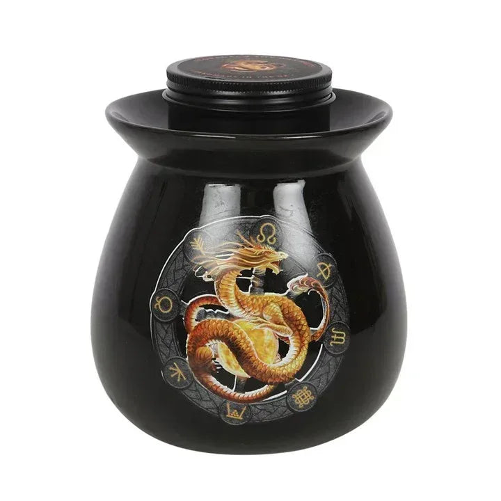 Black cauldron-style wax melt burner with dragon illustration and round lid