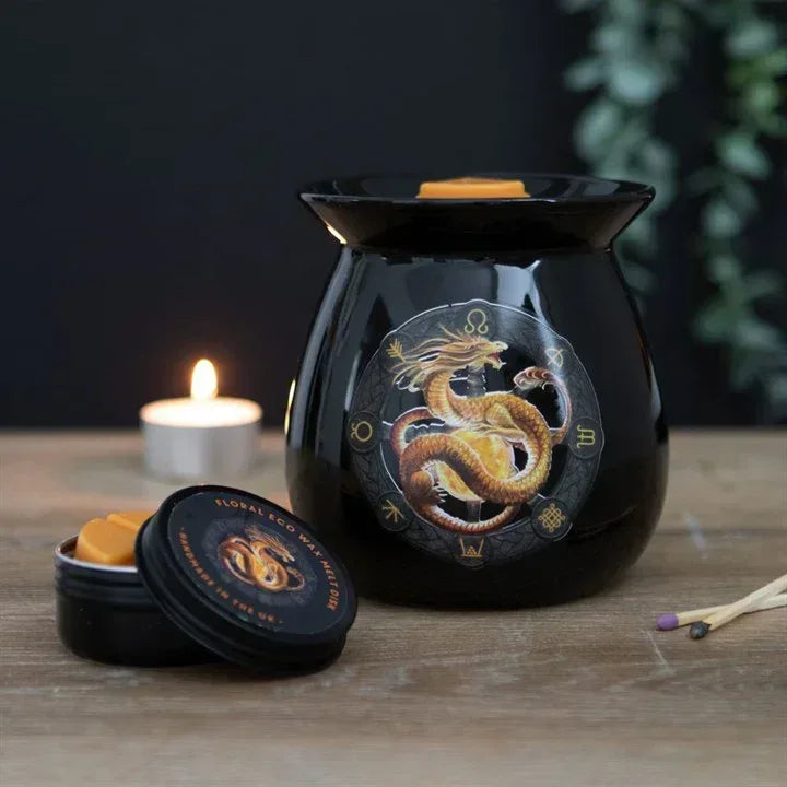 Black dragon wax melt burner with lit candle, plus wax jar and spare lid